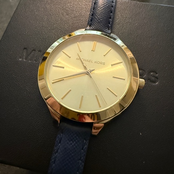 Michael Kors Accessories - Michael Kors Gold Dial Watch with Slim Navy Blue Leather Strap